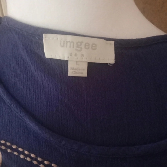 Umgee Blue Tan Embroidered Boho Lightweight Cotton Blend Tunic Top Size Large - Picture 8 of 9